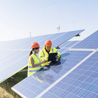 two workers at a renewable energy plan.